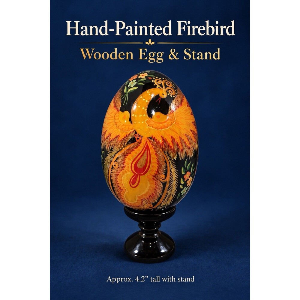 Hand Painted Firebird Wooden Decorative Egg with Black Pedestal Stand 4.2”
